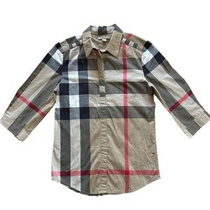 Burberry Check Cotton Button Down Quarter Sleeve Collared Top S